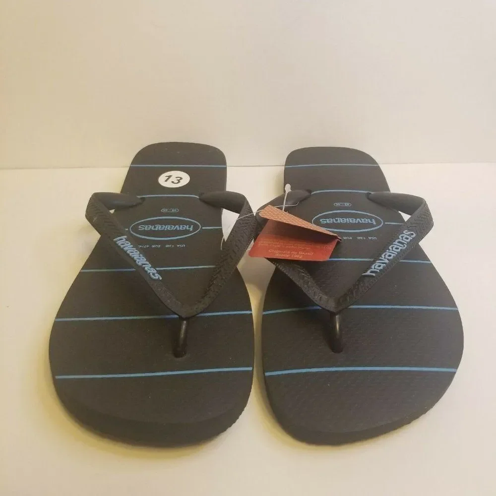 Havaianas Mens Size 13 Black Blue Striped Flip Flops New 4132585